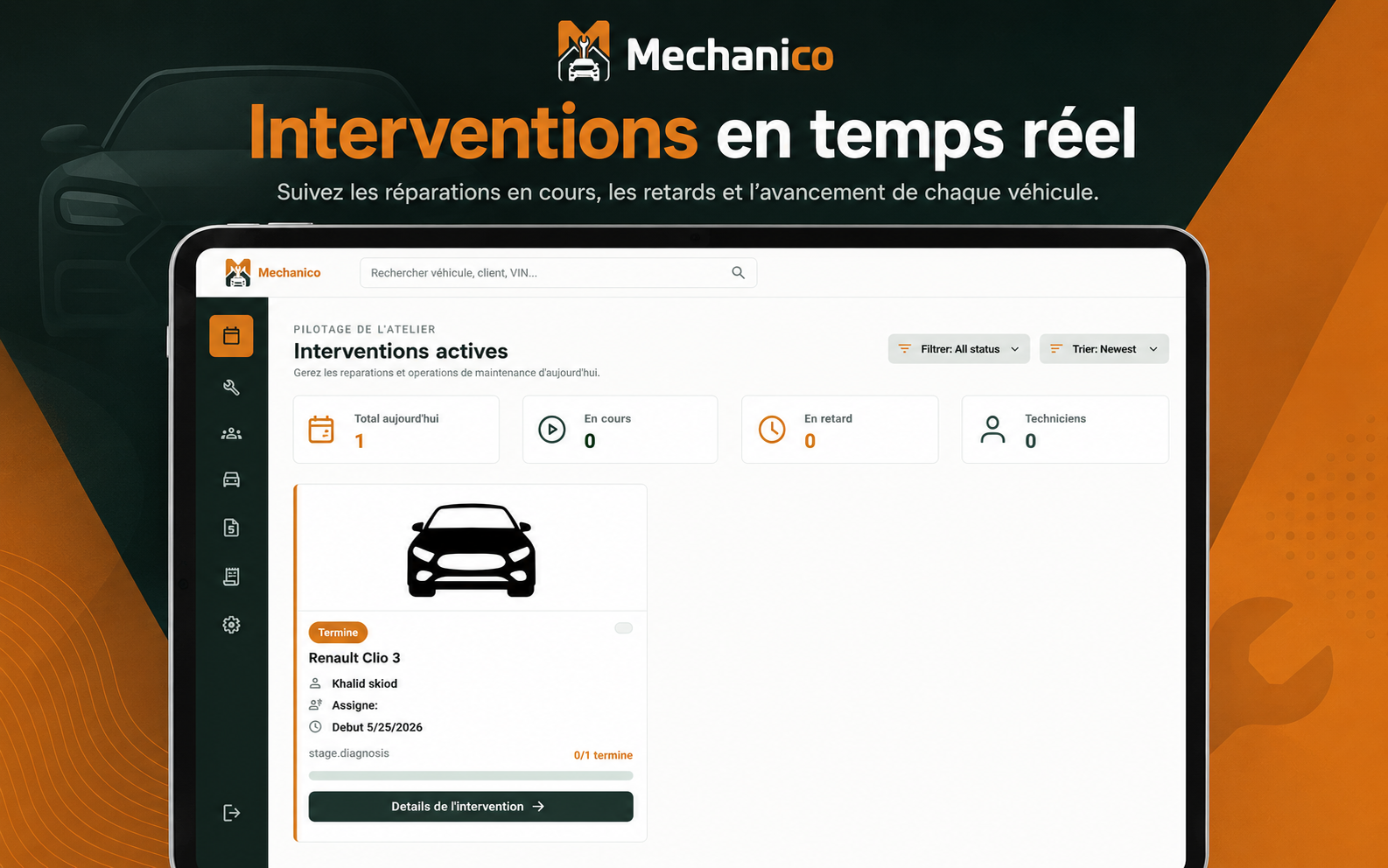 Mechanico vehicle repair workshop intervention dashboard screenshot